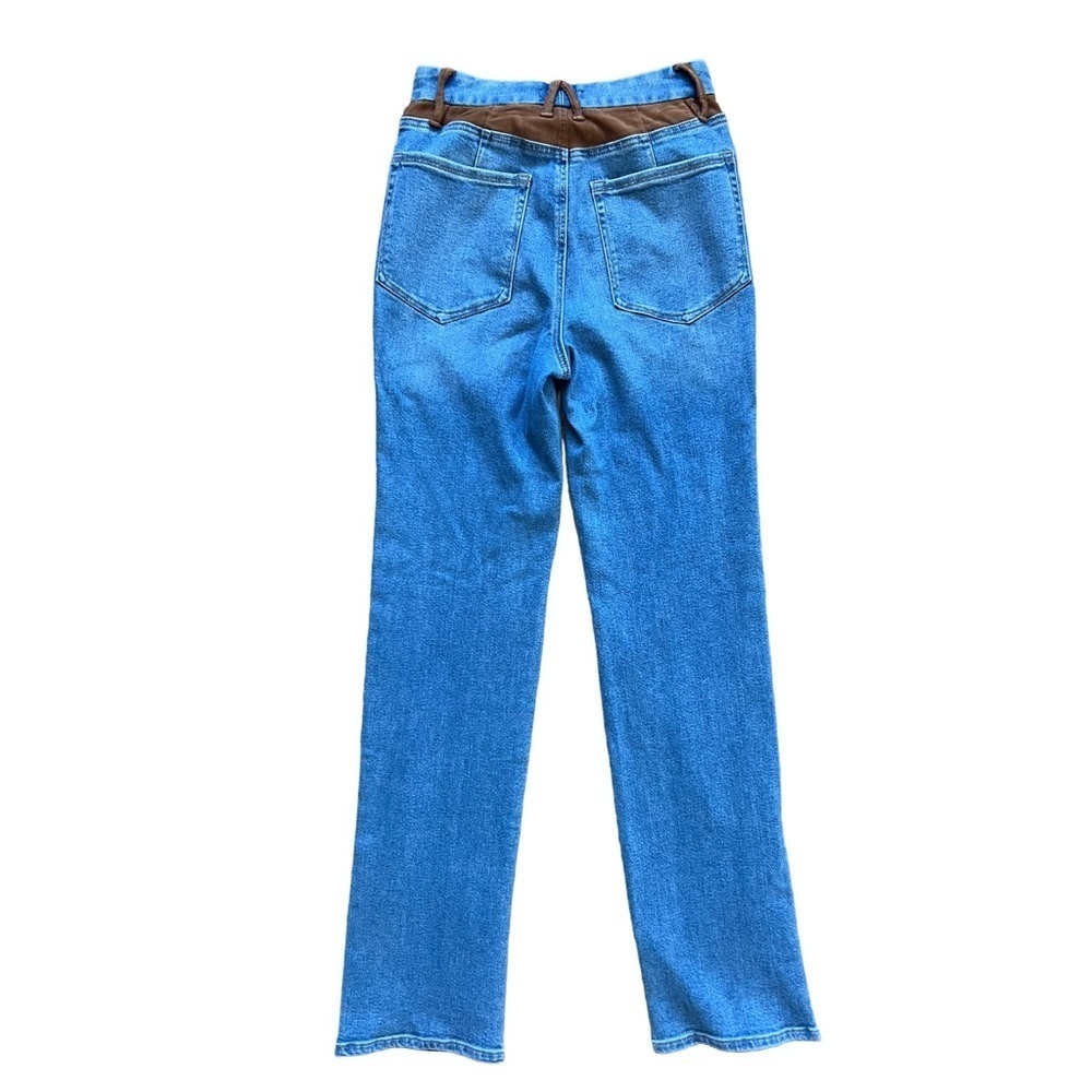 Nwt Good American Icon Mixed Media Denim & Faux Suede Pants In Indigo Western - Picture 11 of 11